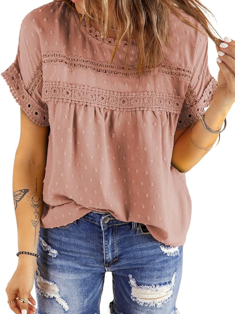 Dokotoo Rose Pink Eyelet Lace Short Sleeve Blouse - Picture 4 of 5